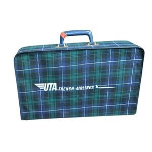 Vtg UTA French Airlines Cabin Suitcase Tartan Plaid Carry On Bag Small 1950s